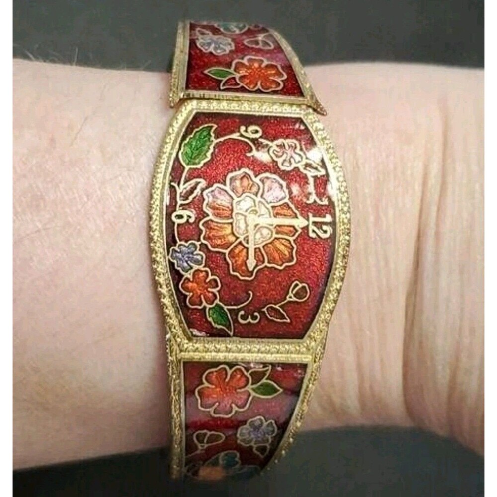 Vintage Gold Tone Floral Cloisonne Hinged Bracelet 6.5"